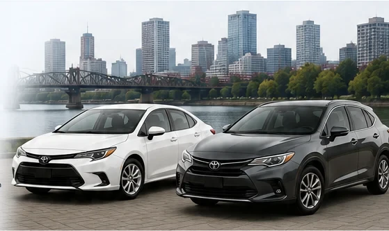 White delivery sedan and dark rideshare vehicle beside the Portland skyline