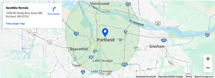Map showing the NextMile Rentals service area around Portland, Oregon